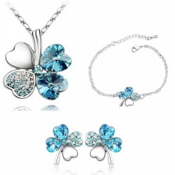Platinum plated sky blue CZ diamonds four leaf pendant with earrings and bracelet